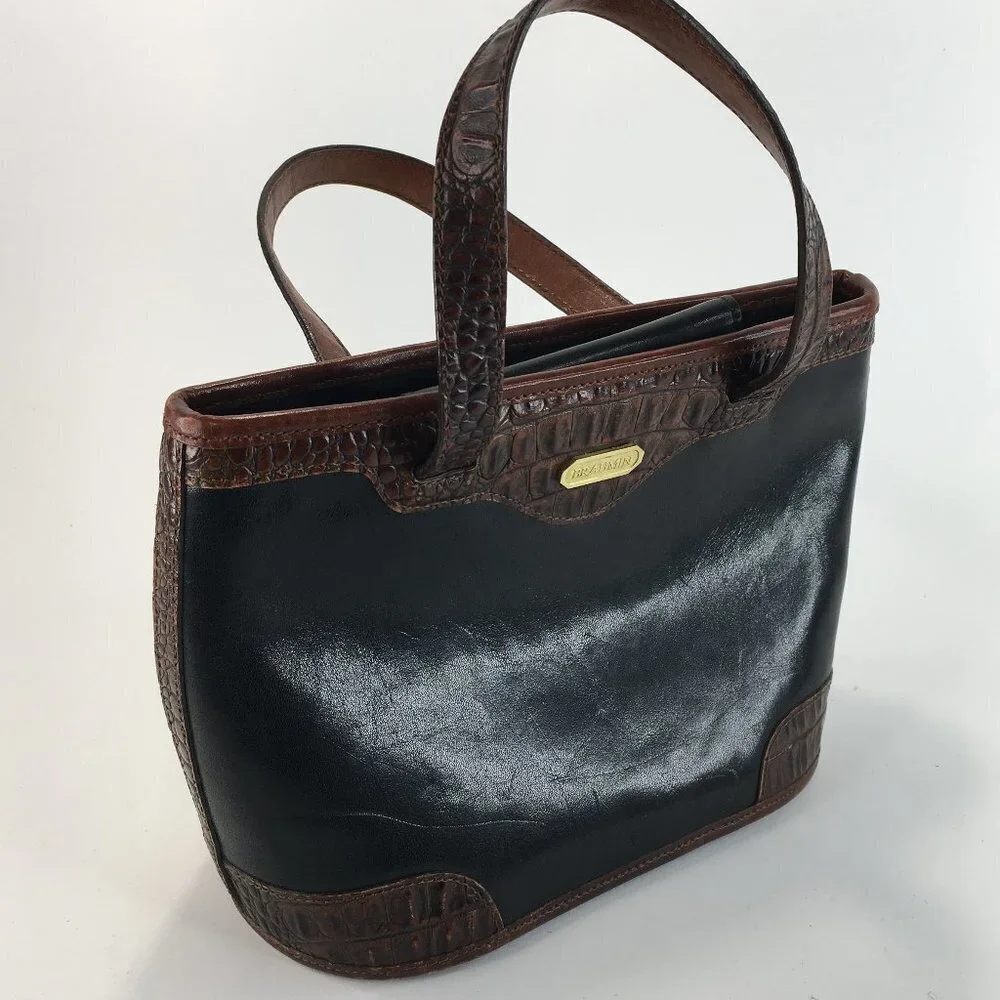 Brahmin Black and Brown Leather Croc Embossed Bucket Shoulder Hand Bag